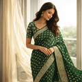 Green Georgette Saree With Silver Foil Print And Designer Blouse – Elegant Festive Wear For Women