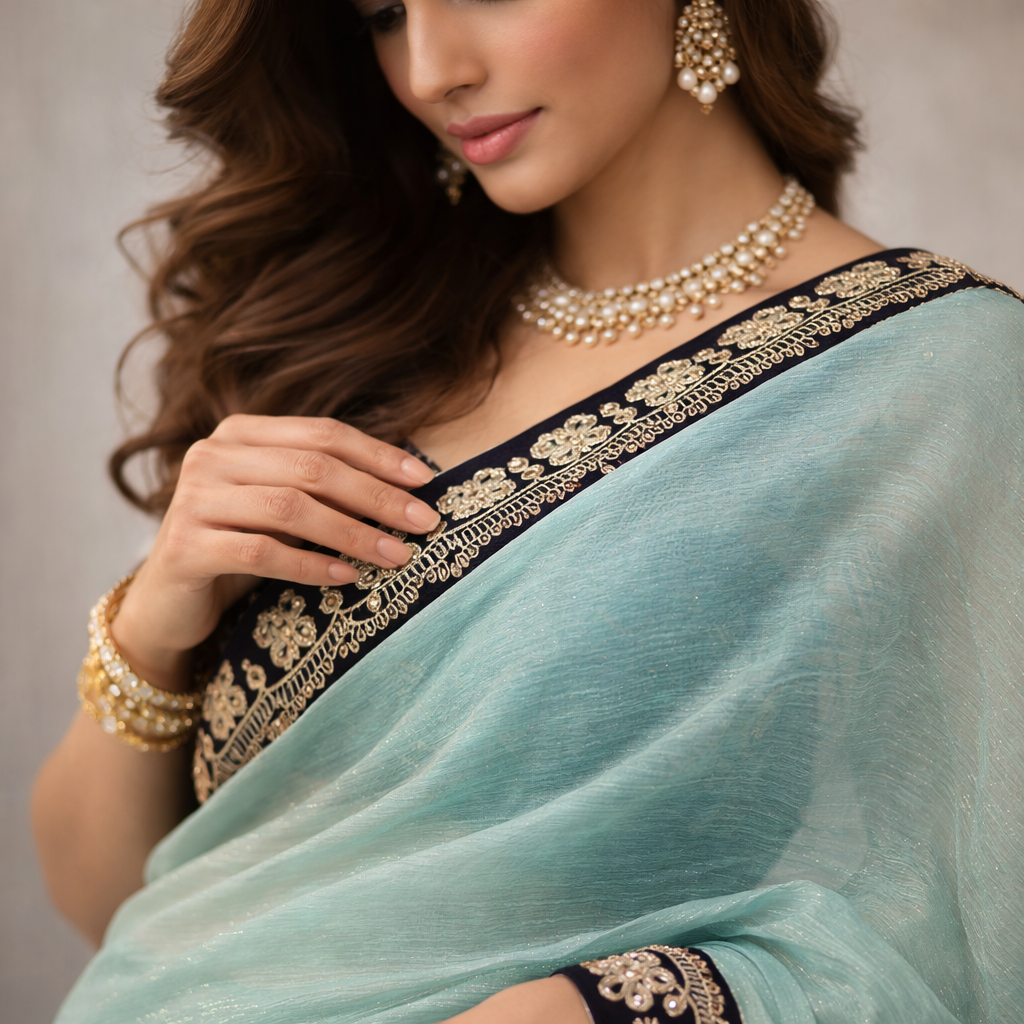 Blue Organza Saree With Gota Patti Work And Designer Blouse – Elegant Festive And Wedding Wear For Women