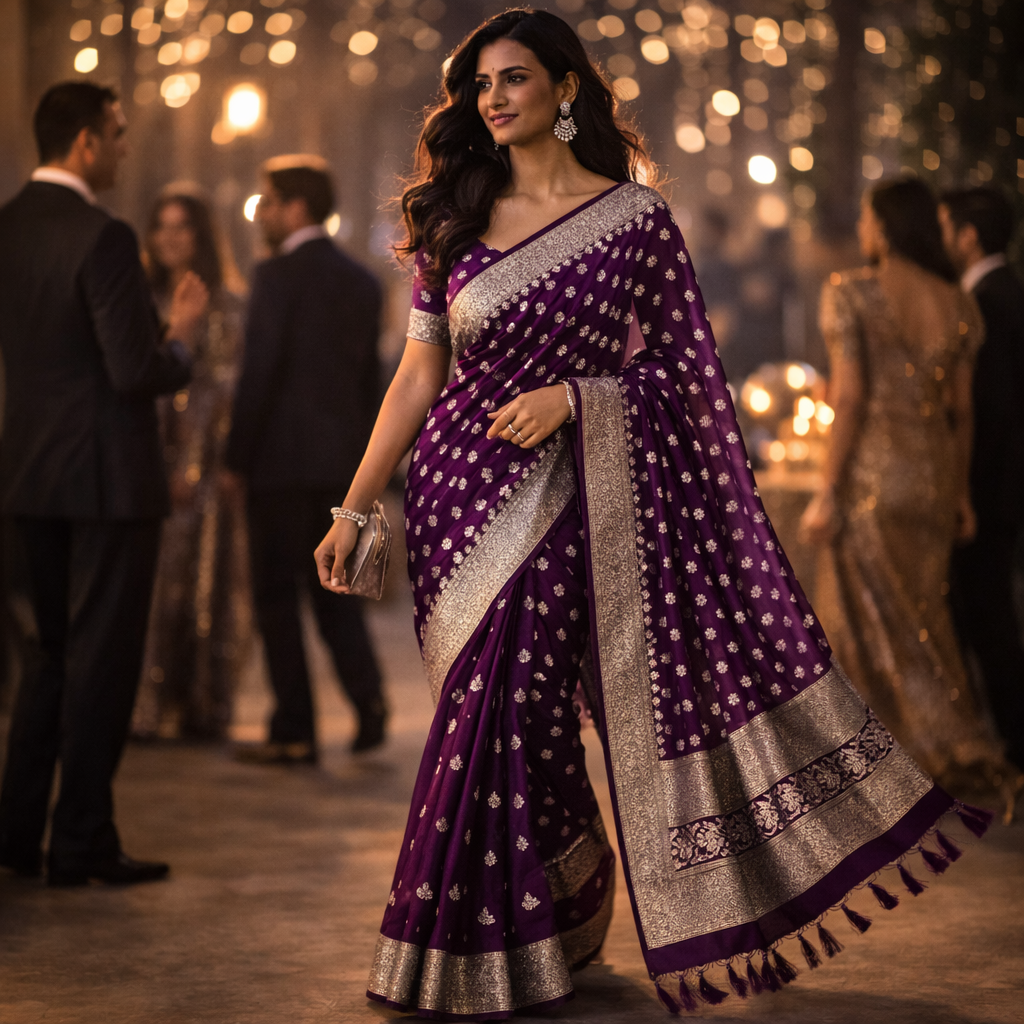 Purple Georgette Saree With Silver Foil Print And Designer Blouse – Graceful Festive Elegance For Women