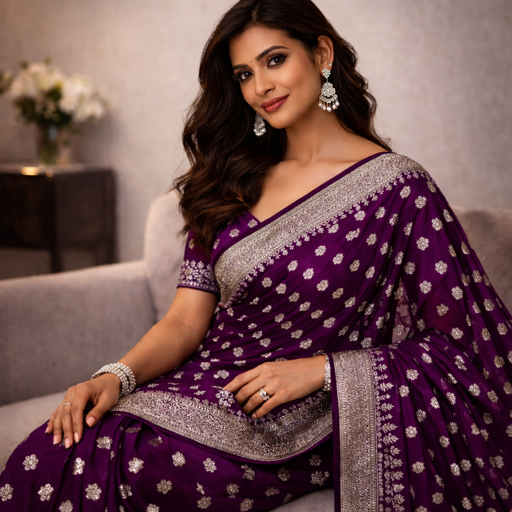 Purple Georgette Saree With Silver Foil Print And Designer Blouse – Graceful Festive Elegance For Women