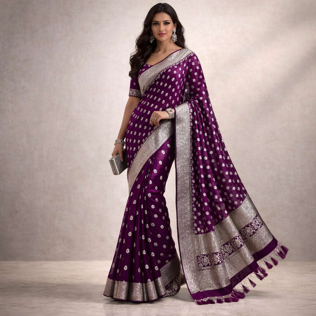 Purple Georgette Saree With Silver Foil Print And Designer Blouse – Graceful Festive Elegance For Women