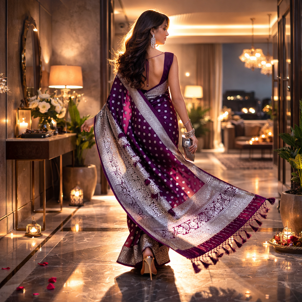 Purple Georgette Saree With Silver Foil Print And Designer Blouse – Graceful Festive Elegance For Women