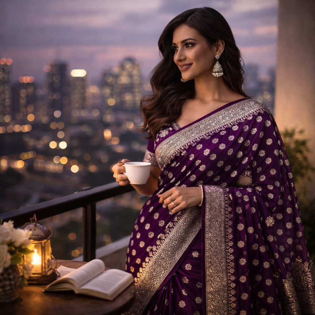 Purple Georgette Saree With Silver Foil Print And Designer Blouse – Graceful Festive Elegance For Women