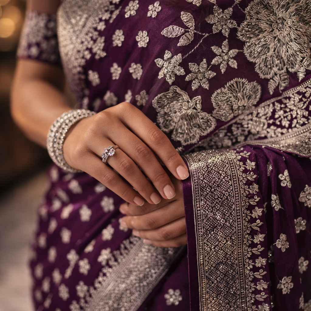 Purple Georgette Saree With Silver Foil Print And Designer Blouse – Graceful Festive Elegance For Women