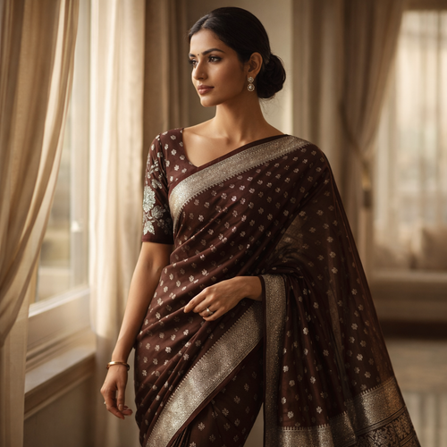 Brown Georgette Saree With Silver Foil Print And Designer Blouse – Subtle Festive Elegance For Women