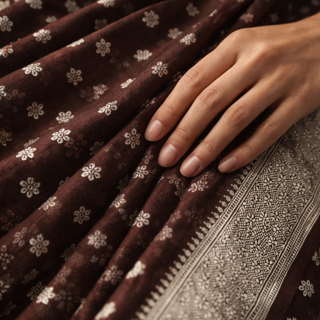 Brown Georgette Saree With Silver Foil Print And Designer Blouse – Subtle Festive Elegance For Women