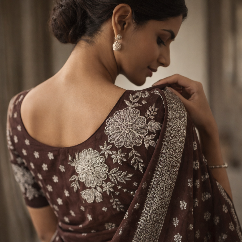 Brown Georgette Saree With Silver Foil Print And Designer Blouse – Subtle Festive Elegance For Women