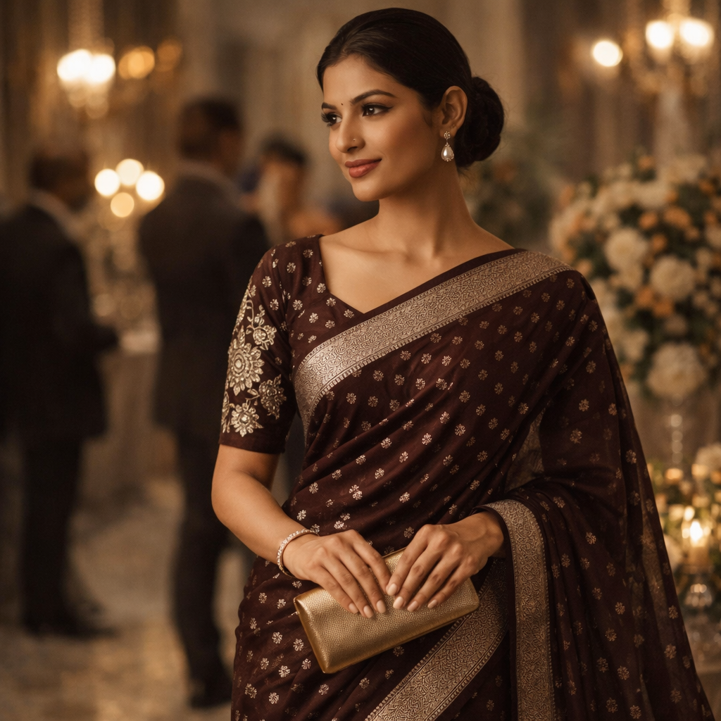 Brown Georgette Saree With Silver Foil Print And Designer Blouse – Subtle Festive Elegance For Women