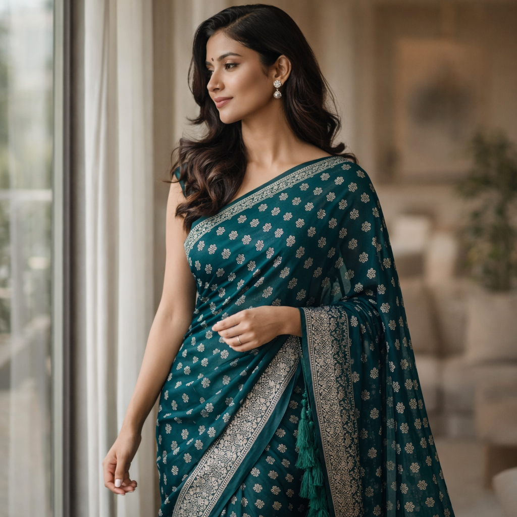 Sea Green Georgette Saree With Silver Foil Print And Designer Blouse – Elegant Festive Wear For Women