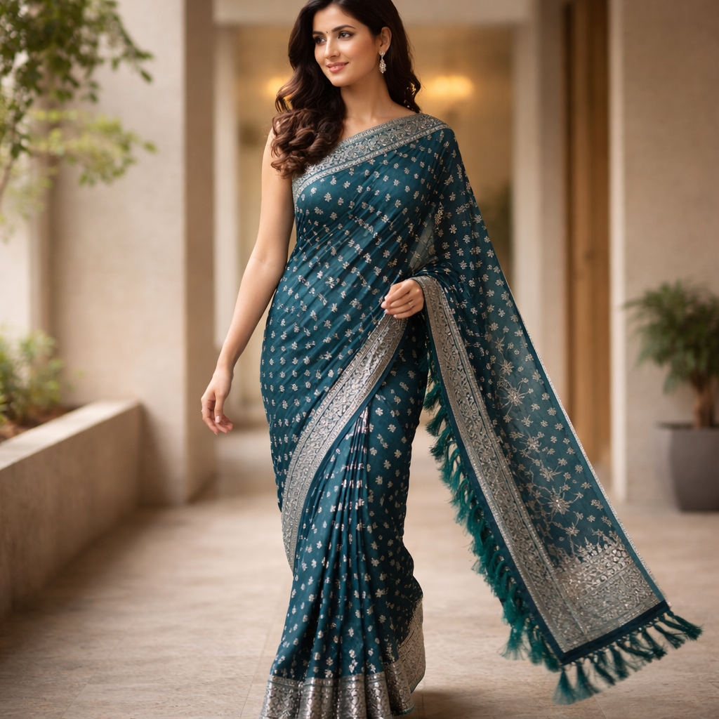 Sea Green Georgette Saree With Silver Foil Print And Designer Blouse – Elegant Festive Wear For Women