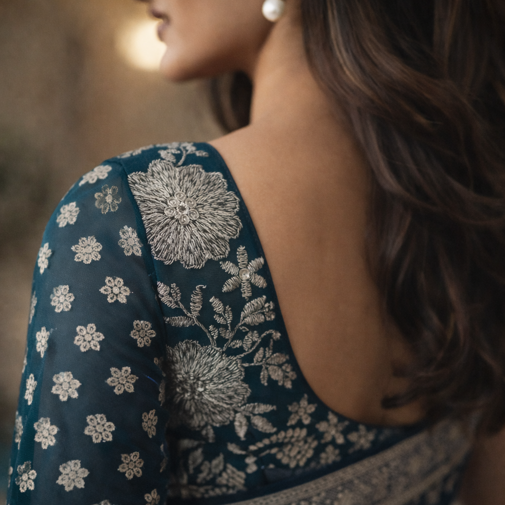 Sea Green Georgette Saree With Silver Foil Print And Designer Blouse – Elegant Festive Wear For Women