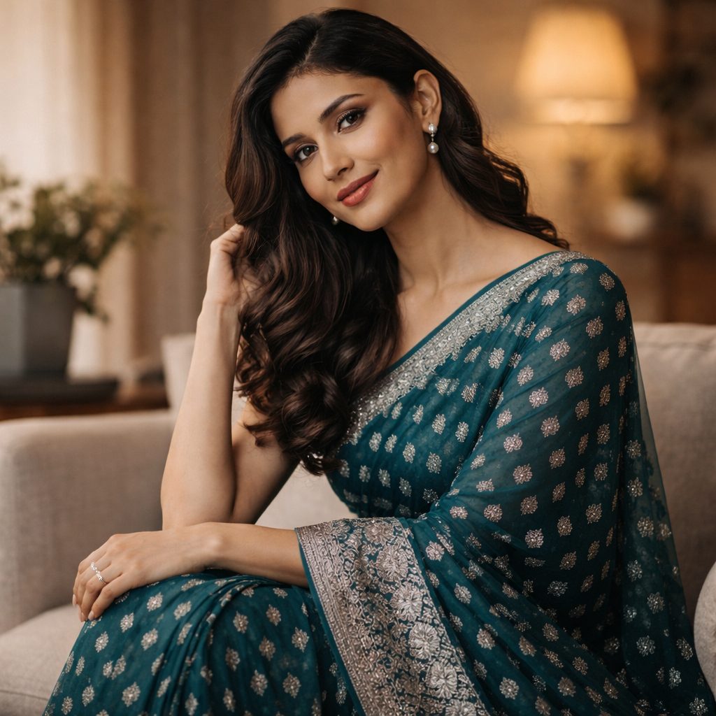 Sea Green Georgette Saree With Silver Foil Print And Designer Blouse – Elegant Festive Wear For Women