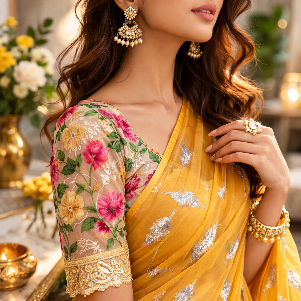 Mustard Yellow Chiffon Saree With Elegant Chikan Embroidered Blouse For Women