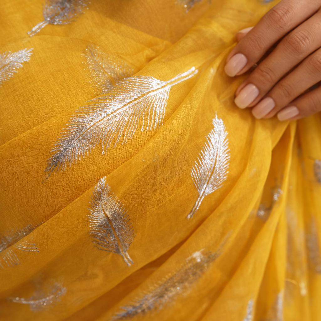 Mustard Yellow Chiffon Saree With Elegant Chikan Embroidered Blouse For Women