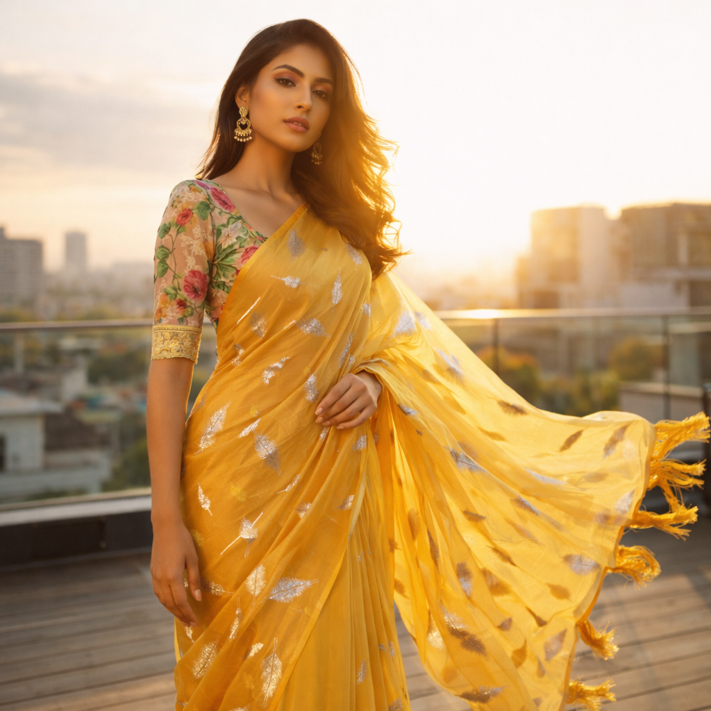 Mustard Yellow Chiffon Saree With Elegant Chikan Embroidered Blouse For Women