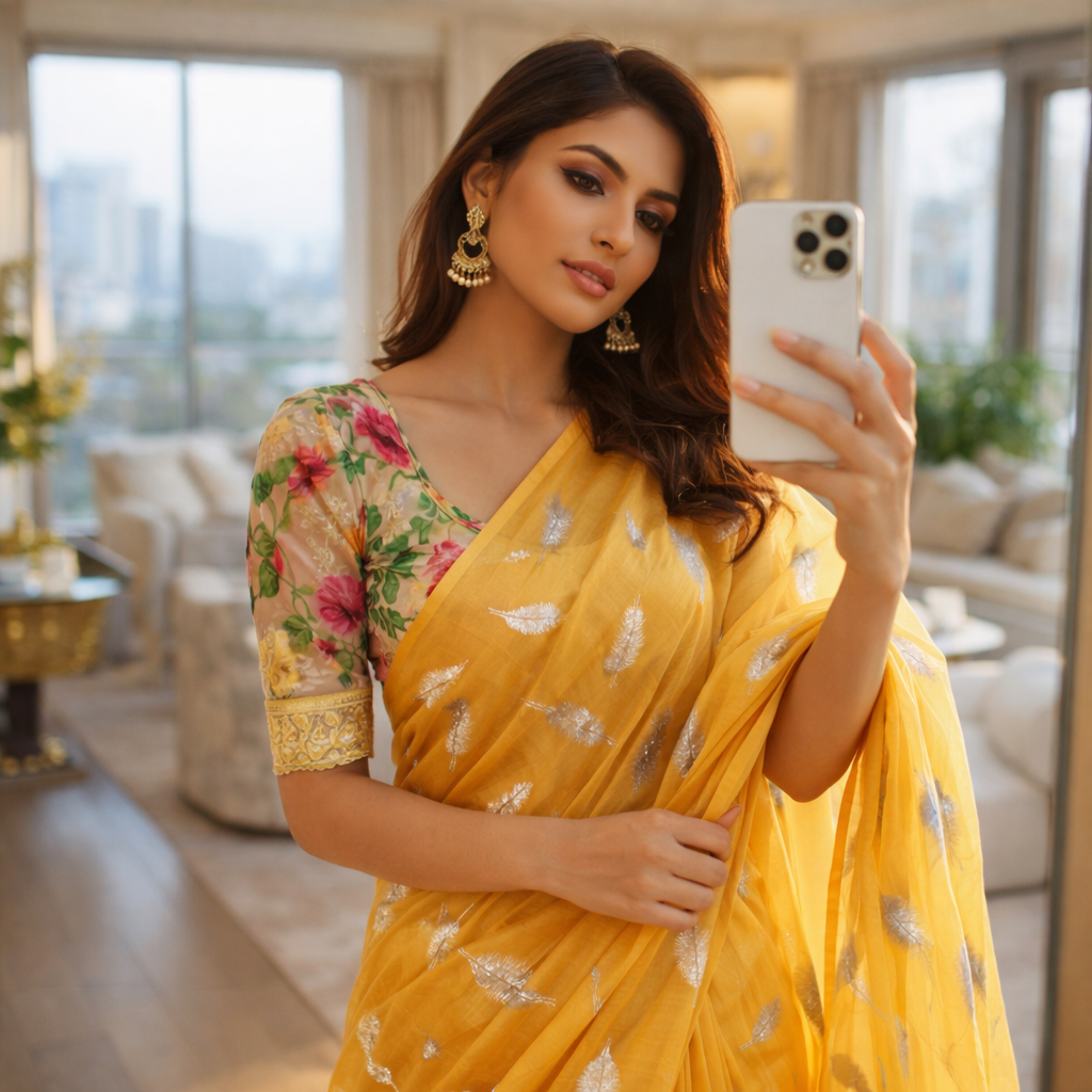 Mustard Yellow Chiffon Saree With Elegant Chikan Embroidered Blouse For Women