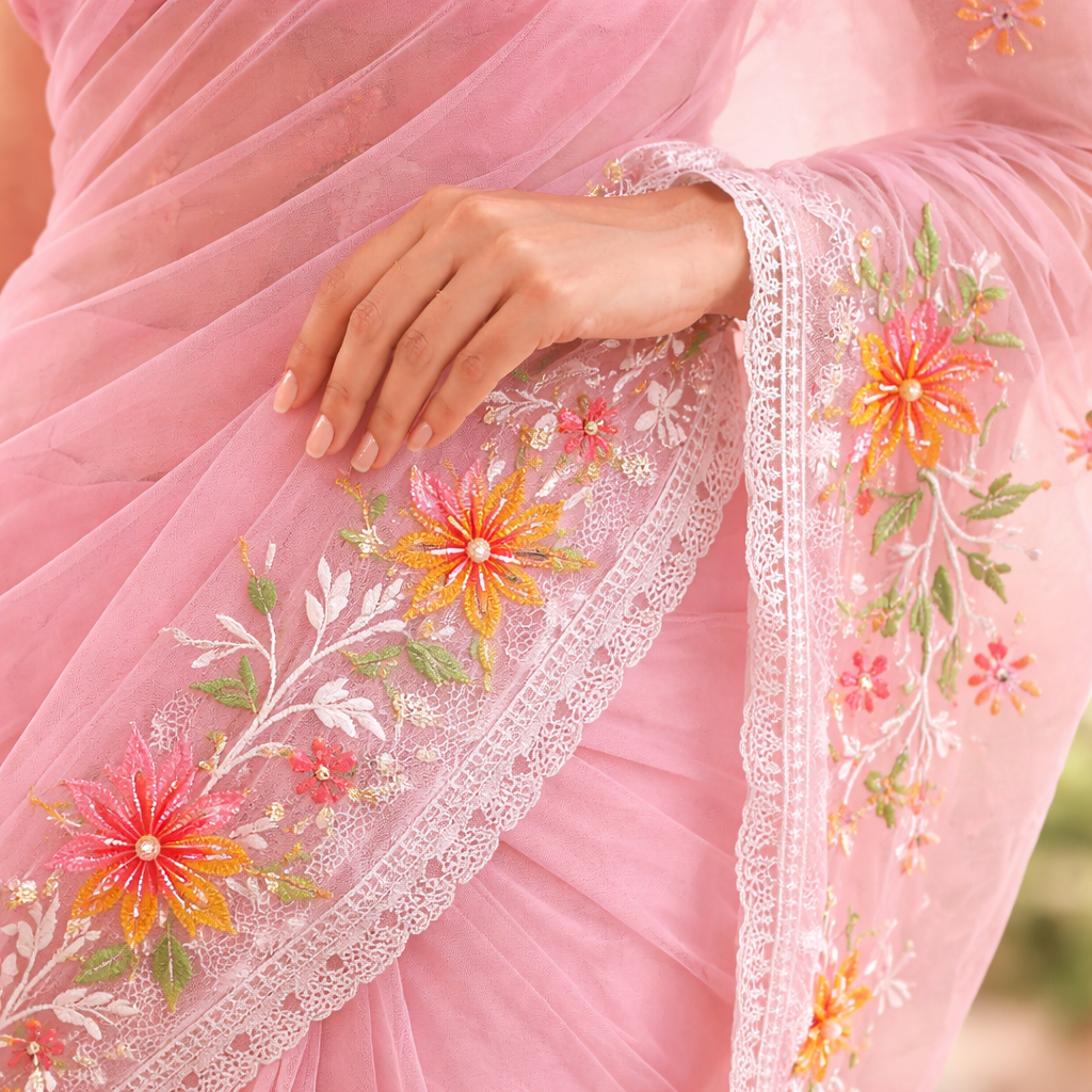 Peach Organza Saree With Pearl And Embroidery Work And Blouse – Elegant Designer Wear For Women For Women