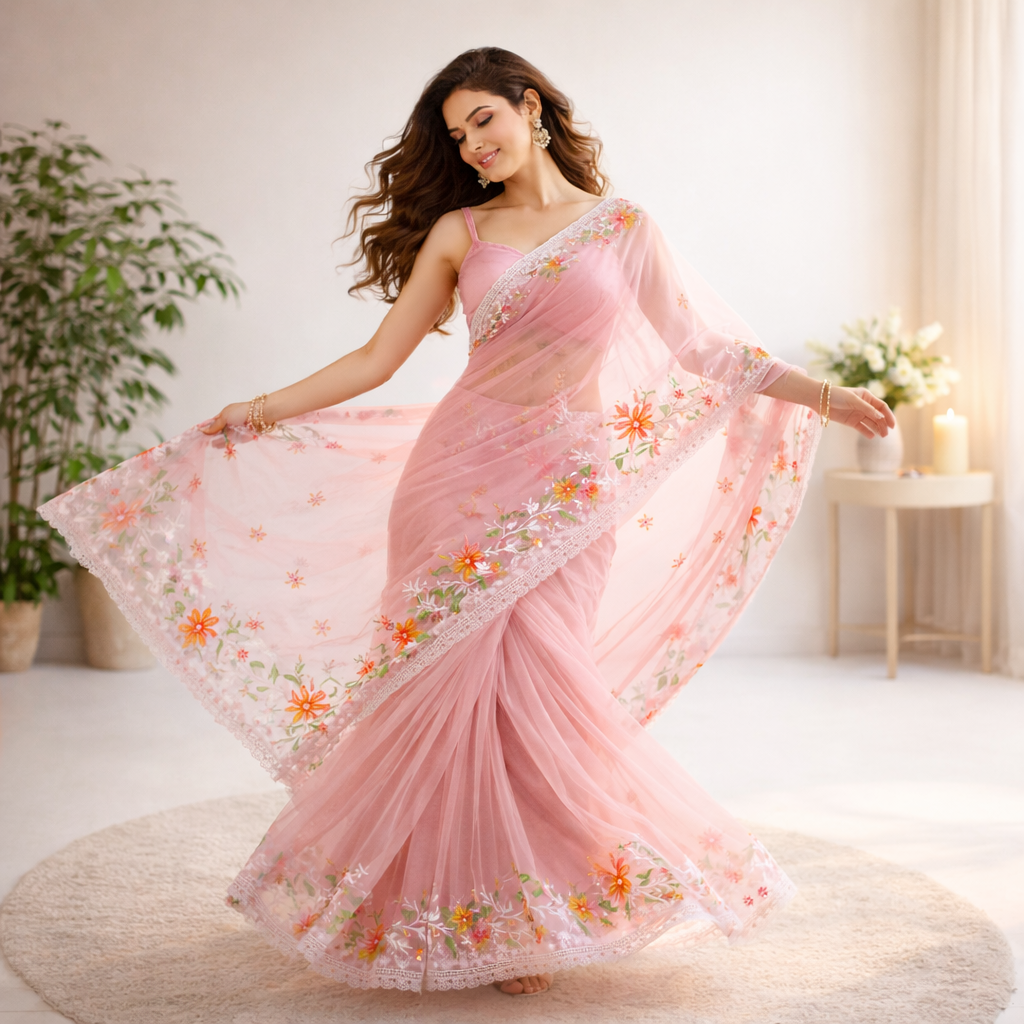 Peach Organza Saree With Pearl And Embroidery Work And Blouse – Elegant Designer Wear For Women For Women