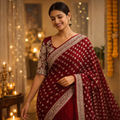 Maroon Georgette Saree With Silver Foil Print And Designer Blouse – Timeless Festive Elegance For Women