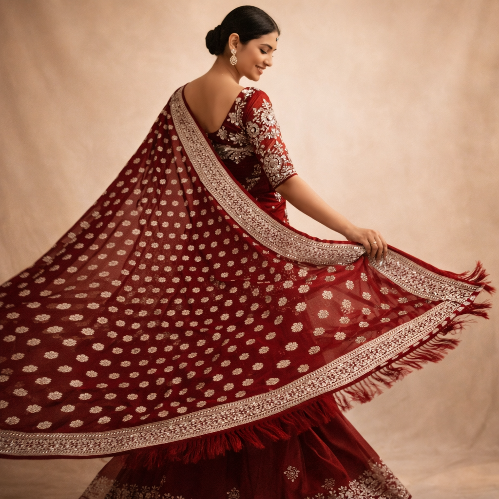 Maroon Georgette Saree With Silver Foil Print And Designer Blouse – Timeless Festive Elegance For Women