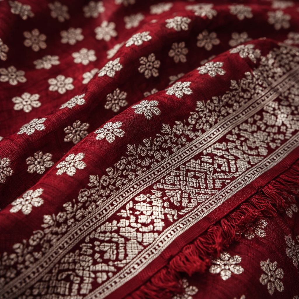 Maroon Georgette Saree With Silver Foil Print And Designer Blouse – Timeless Festive Elegance For Women