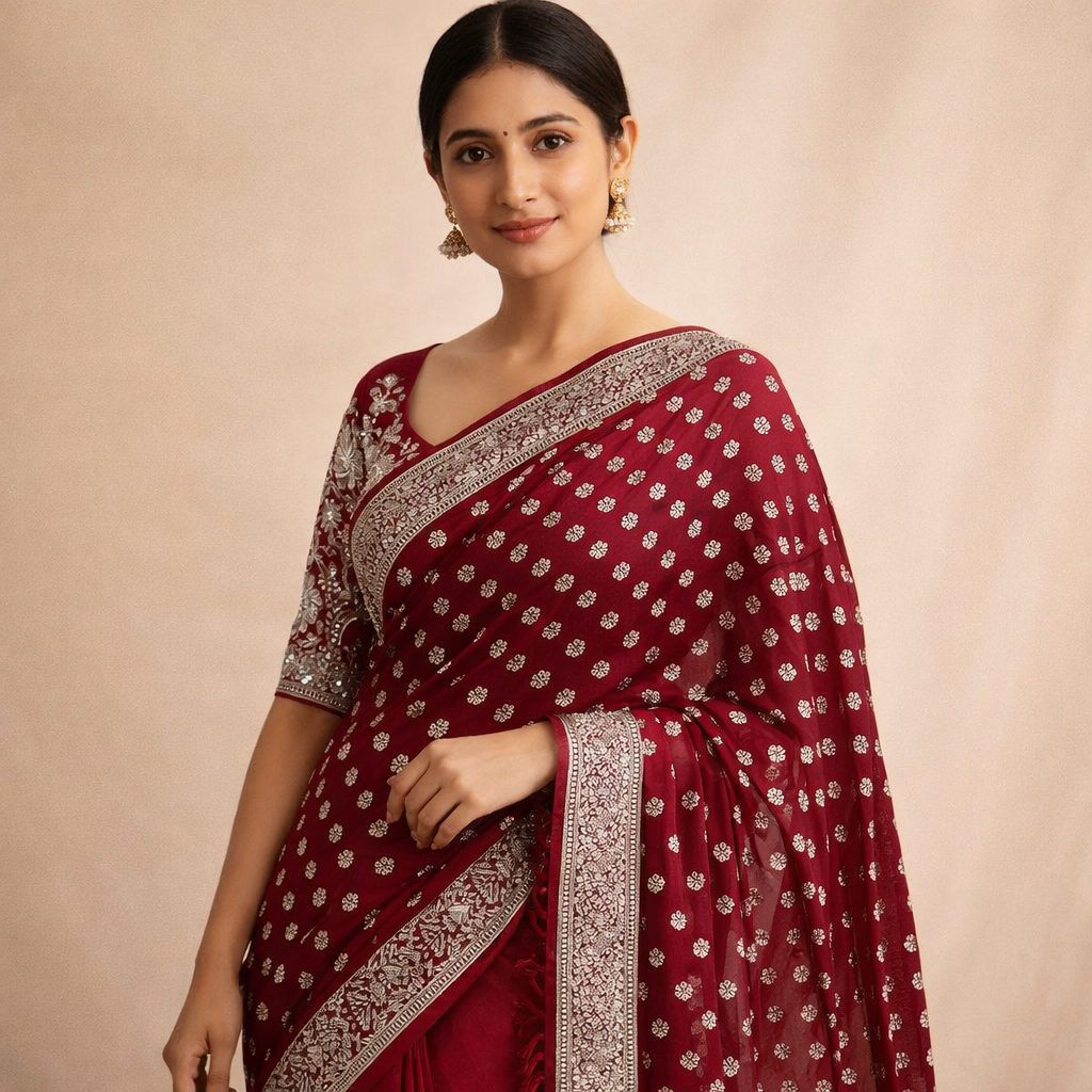 Maroon Georgette Saree With Silver Foil Print And Designer Blouse – Timeless Festive Elegance For Women