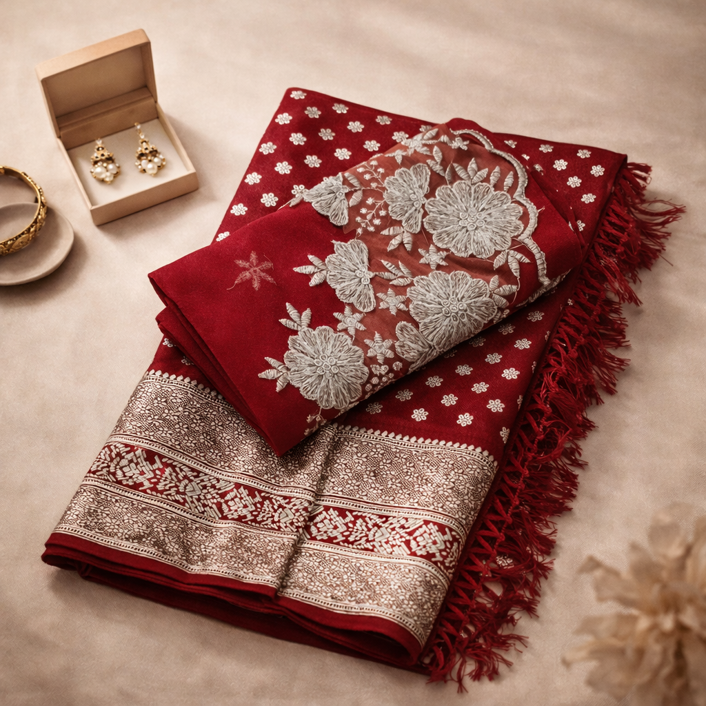 Maroon Georgette Saree With Silver Foil Print And Designer Blouse – Timeless Festive Elegance For Women