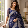 Blue Georgette Saree With Silver Foil Print And Designer Blouse – Elegant Festive Wear For Women
