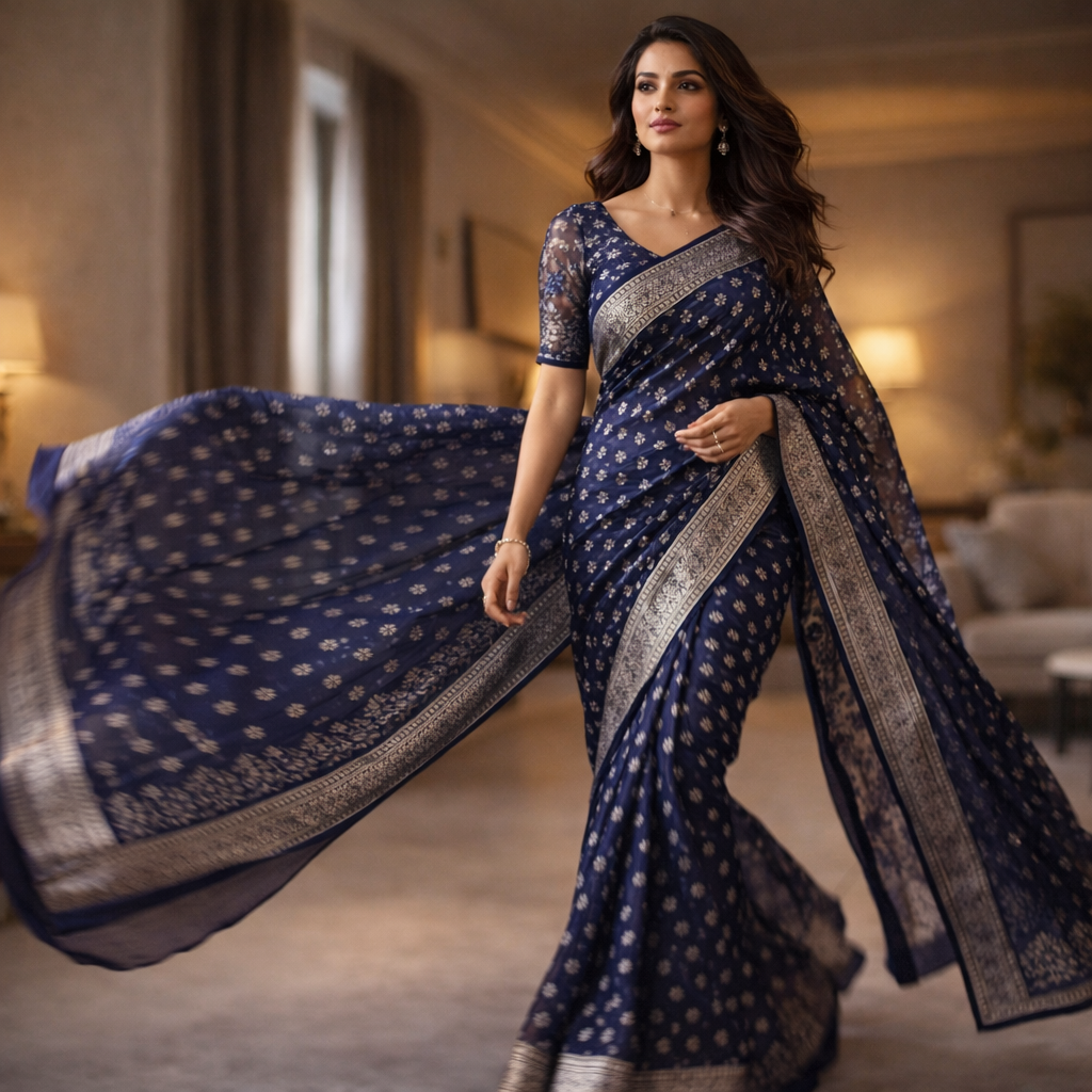 Blue Georgette Saree With Silver Foil Print And Designer Blouse – Elegant Festive Wear For Women