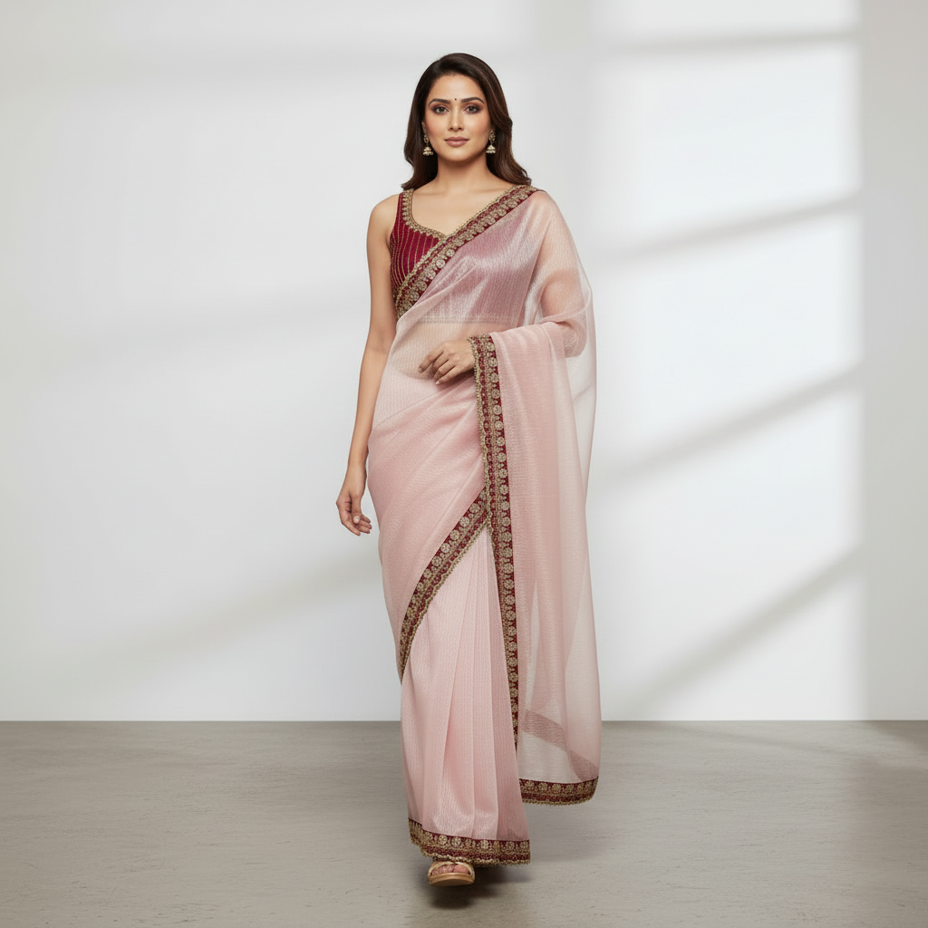 Pink Organza Saree With Gota Patti Work And Designer Blouse – Premium Ethnic Wear For Women For Women