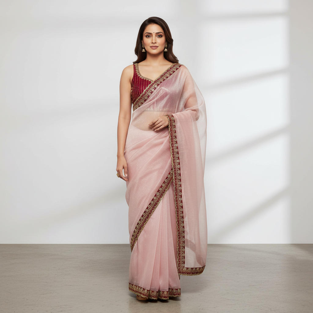 Pink Organza Saree With Gota Patti Work And Designer Blouse – Premium Ethnic Wear For Women For Women